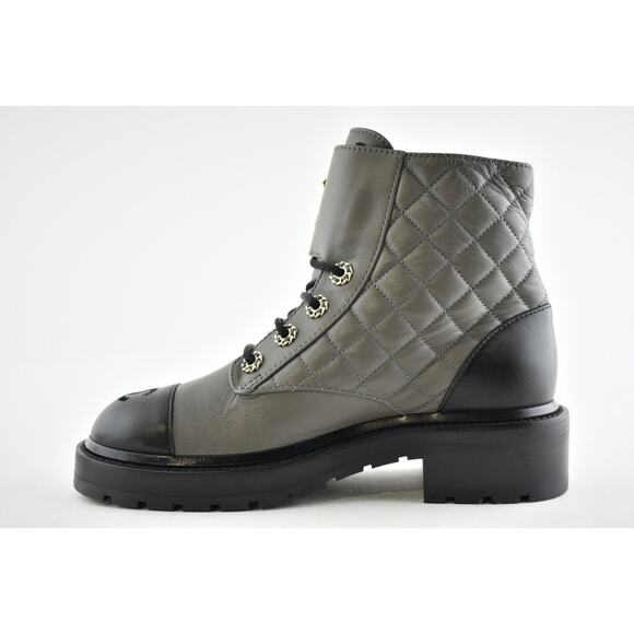 Chanel 21A Grey Black Quilted CC Chain Combat Lace Up Tie Ankle Short Boots 38 - Picture 8 of 11